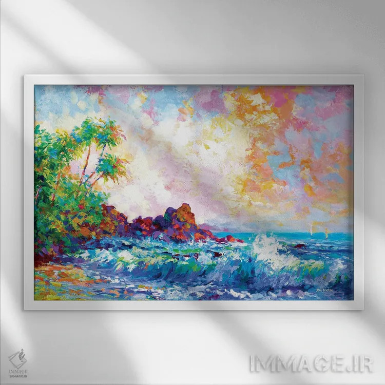 تابلو Hawaii,امواج ساحلی و نخلها در هونولولو، هاوایی اثر لئون دوونیس - نمای قابدار سفید