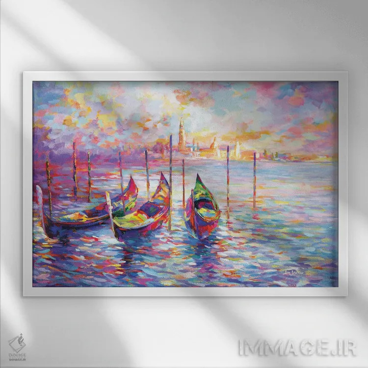 تابلو Italy,گوندولاها در کانال بزرگ و کلیسای سن جورجیو ماجوره در ونیز، ایتالیا اثر لئون دوونیس - نمای قابدار سفید