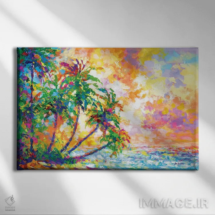 تابلو Hawaii,غروب ساحل با نخلهای گرمسیری در کائوآئی، هاوایی اثر لئون دوونیس - نمای روبهرو روی دیوار