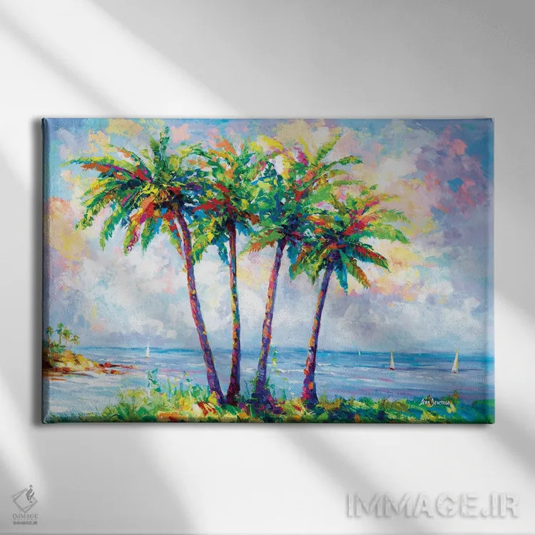 تابلو Hawaii,ساحل گرمسیری با نخلها در اوآهو، هاوایی اثر لئون دوونیس - نمای روبهرو روی دیوار