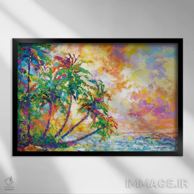 تابلو Hawaii,غروب ساحل با نخلهای گرمسیری در کائوآئی، هاوایی اثر لئون دوونیس - نمای قابدار مشکی