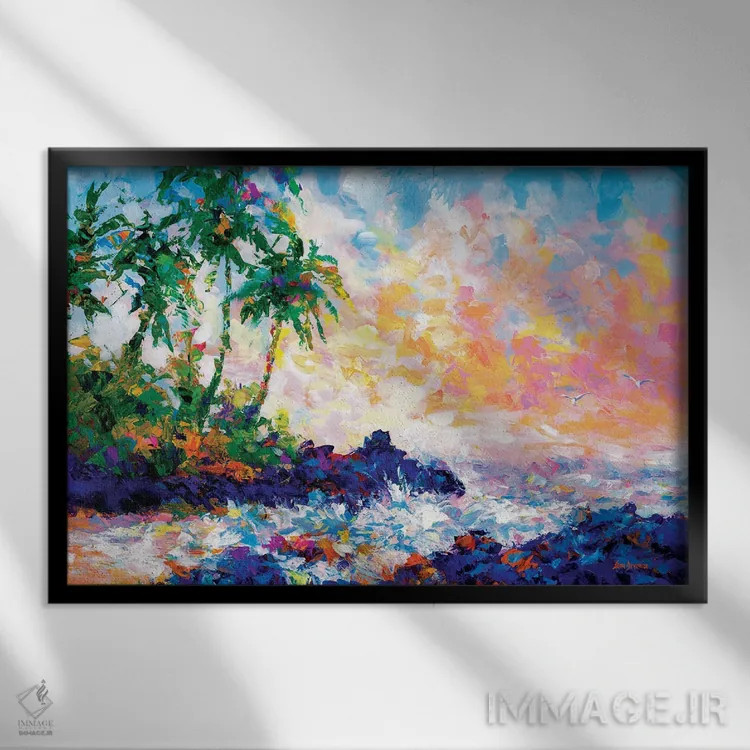 تابلو Hawaii,امواج در ساحل گرمسیری با نخلها در مائوئی، هاوایی اثر لئون دوونیس - نمای قابدار مشکی