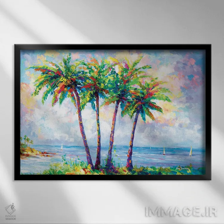 تابلو Hawaii,ساحل گرمسیری با نخلها در اوآهو، هاوایی اثر لئون دوونیس - نمای قابدار مشکی