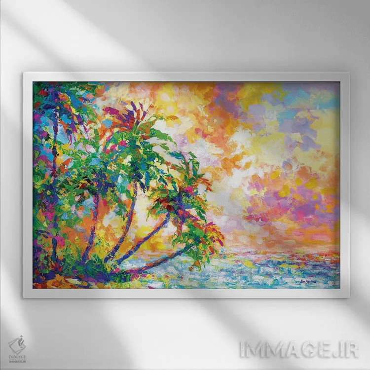 تابلو Hawaii,غروب ساحل با نخلهای گرمسیری در کائوآئی، هاوایی اثر لئون دوونیس - نمای قابدار سفید