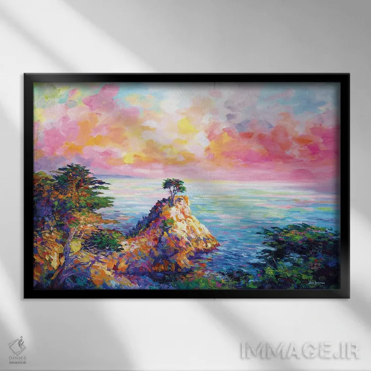 تابلو California,درخت سرو تنها در پبل بیچ، کالیفرنیا اثر لئون دوونیس - نمای قابدار مشکی