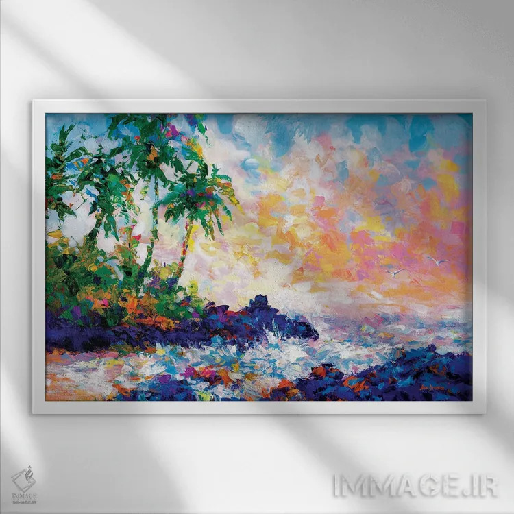 تابلو Hawaii,امواج در ساحل گرمسیری با نخلها در مائوئی، هاوایی اثر لئون دوونیس - نمای قابدار سفید