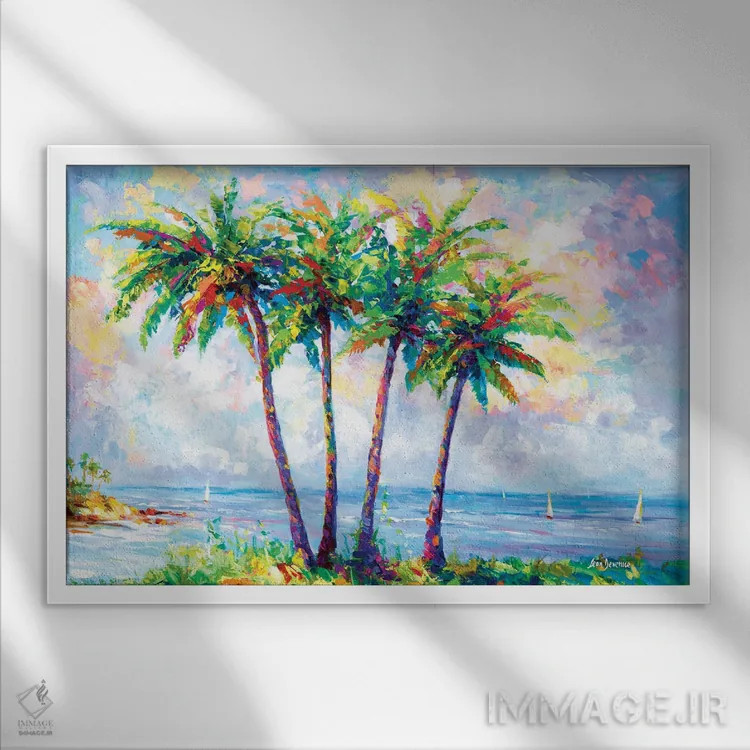 تابلو Hawaii,ساحل گرمسیری با نخلها در اوآهو، هاوایی اثر لئون دوونیس - نمای قابدار سفید