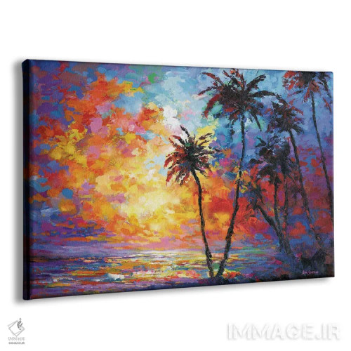 تابلو Hawaii,غروب ساحل با نخلهای گرمسیری در وایکیکی، هاوایی اثر لئون دوونیس - نمای پرسپکتیو محصول