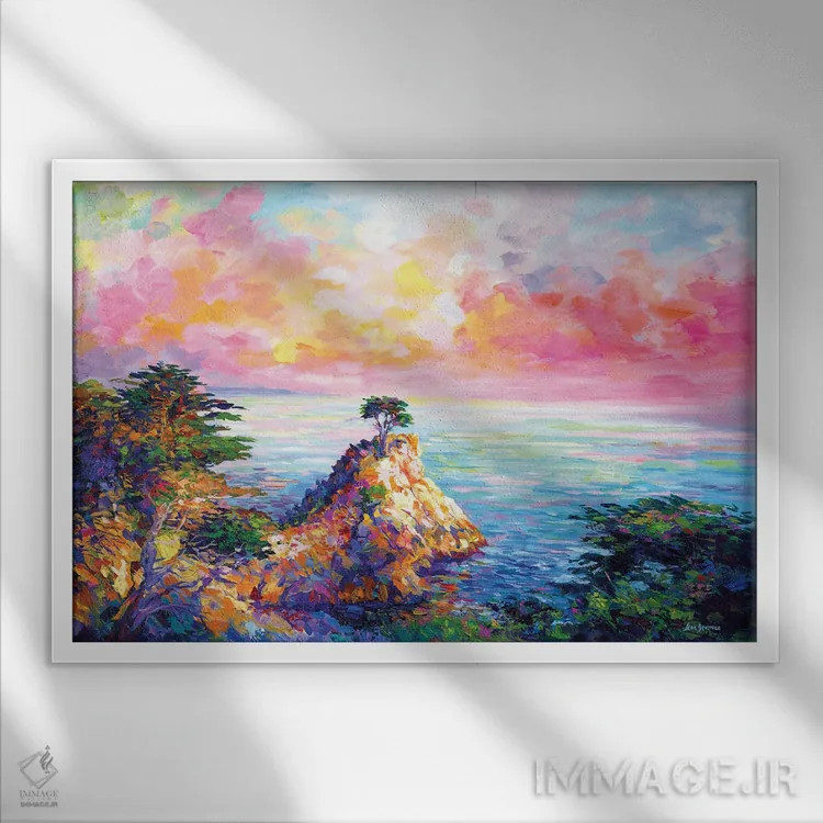 تابلو California,درخت سرو تنها در پبل بیچ، کالیفرنیا اثر لئون دوونیس - نمای قابدار سفید