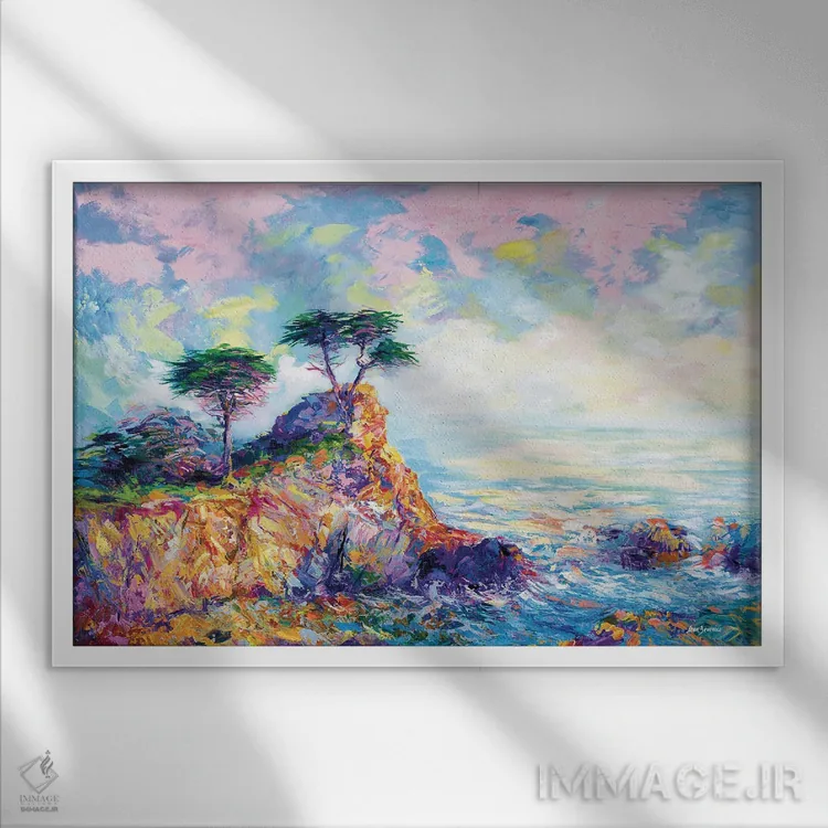 تابلو California II,درخت سرو تنها در پبل بیچ، کالیفرنیا ۲ اثر لئون دوونیس - نمای قابدار سفید