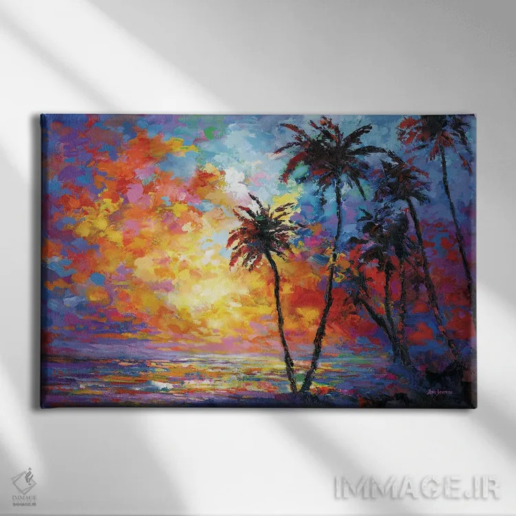 تابلو Hawaii,غروب ساحل با نخلهای گرمسیری در وایکیکی، هاوایی اثر لئون دوونیس - نمای روبهرو روی دیوار