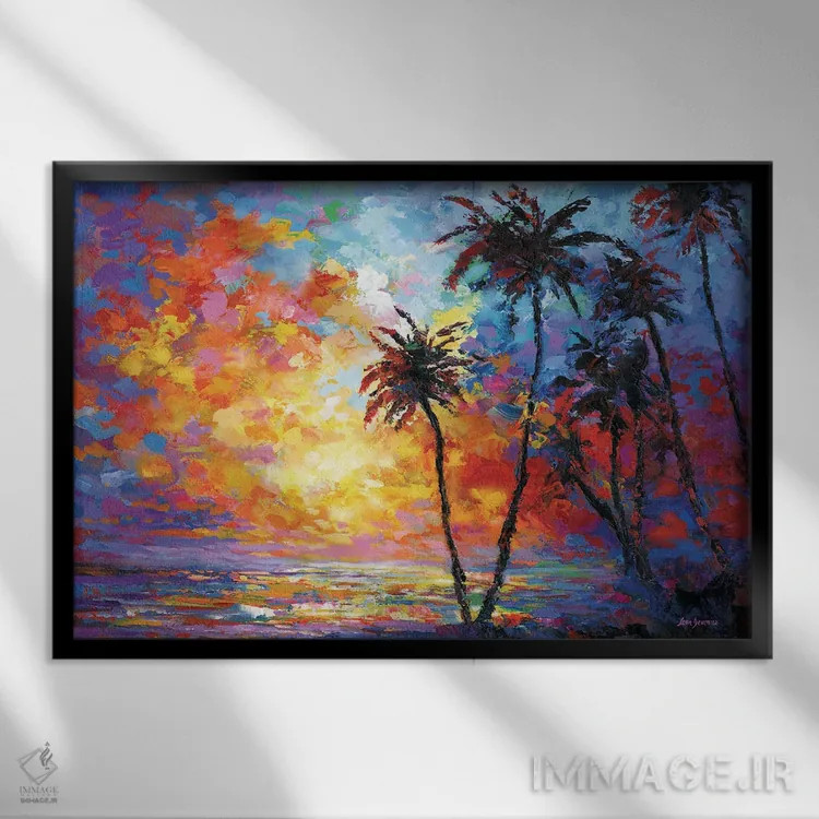 تابلو Hawaii,غروب ساحل با نخلهای گرمسیری در وایکیکی، هاوایی اثر لئون دوونیس - نمای قابدار مشکی