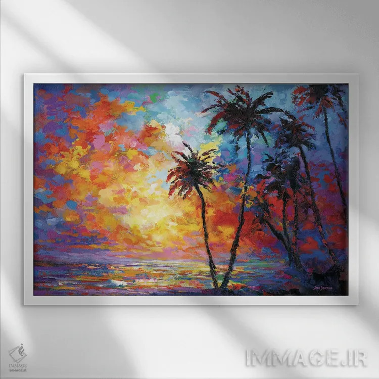 تابلو Hawaii,غروب ساحل با نخلهای گرمسیری در وایکیکی، هاوایی اثر لئون دوونیس - نمای قابدار سفید