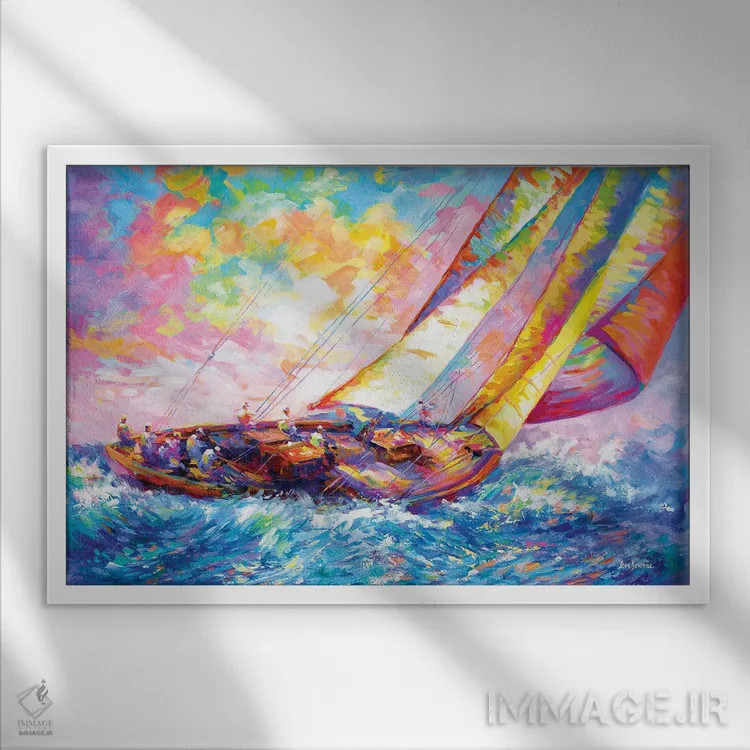 تابلو قایق تفریحی در حال مسابقه اثر لئون دوونیس - نمای قابدار سفید