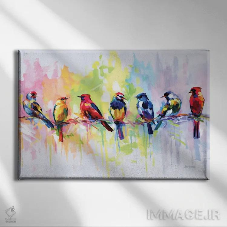 تابلو هفت پرنده رنگارنگ اثر لئون دوونیس - نمای روبهرو روی دیوار
