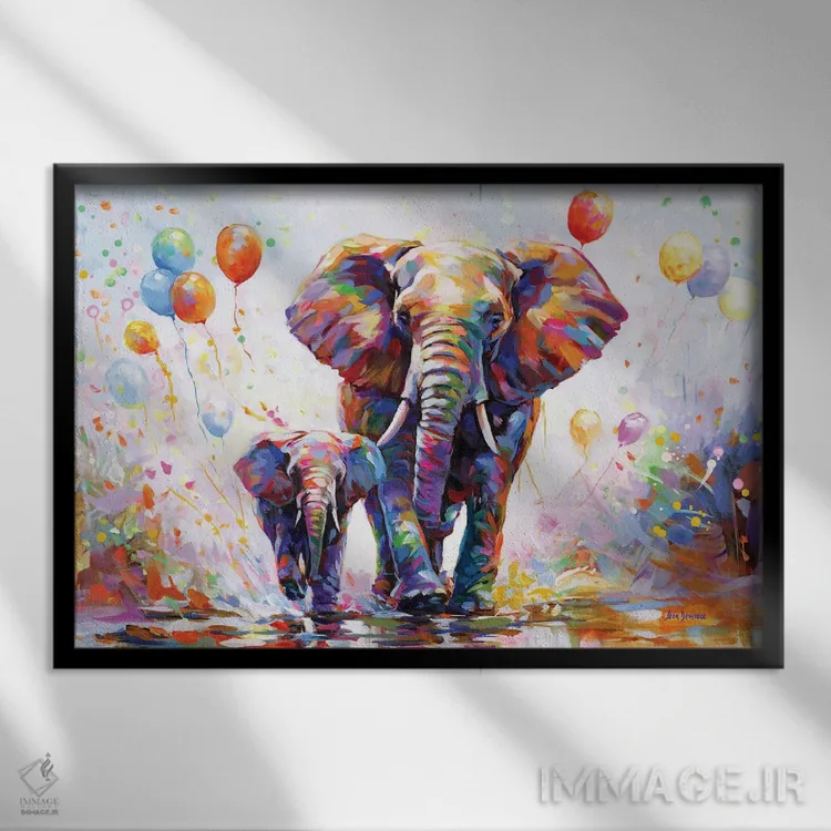 تابلو جشن رنگارنگ فیلها اثر لئون دوونیس - نمای قابدار مشکی