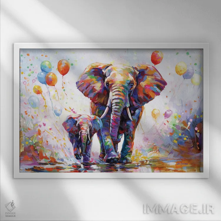 تابلو جشن رنگارنگ فیلها اثر لئون دوونیس - نمای قابدار سفید