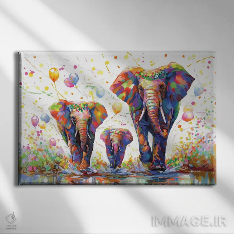 تابلو جشن رنگارنگ فیلها ۲ اثر لئون دوونیس - نمای روبهرو روی دیوار