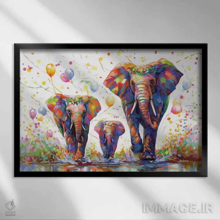 تابلو جشن رنگارنگ فیلها ۲ اثر لئون دوونیس - نمای قابدار مشکی