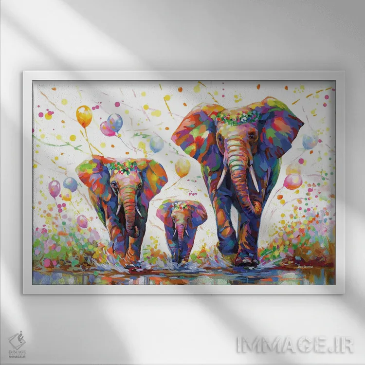 تابلو جشن رنگارنگ فیلها ۲ اثر لئون دوونیس - نمای قابدار سفید