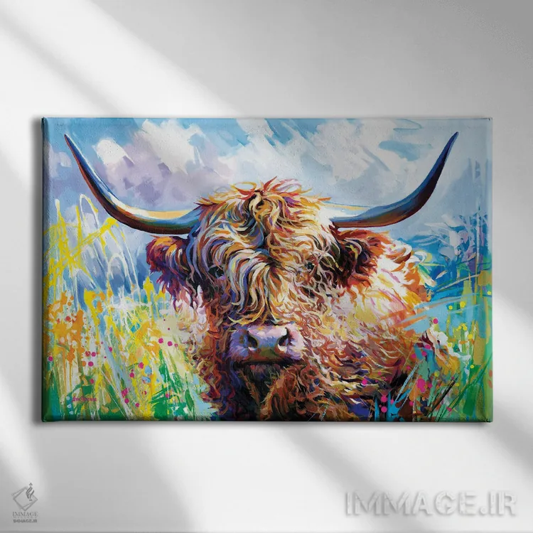 تابلو گاو هایلندی رنگارنگ اثر لئون دوونیس - نمای روبهرو روی دیوار