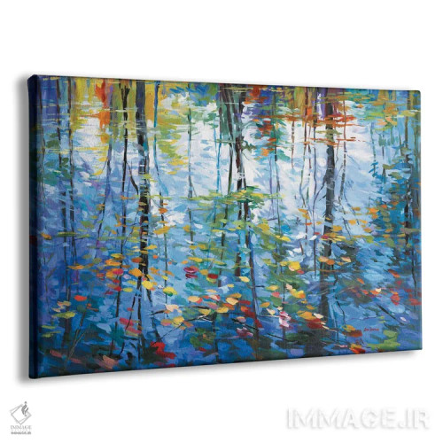 تابلو بازتاب امپرسیونیستی درختان و برگهای پاییزی بر آب اثر لئون دوونیس - نمای پرسپکتیو محصول