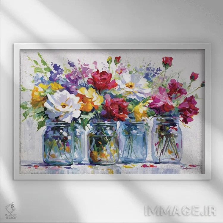 تابلو برداشتهای پرجنبوجوش گلها اثر لئون دوونیس - نمای قابدار سفید