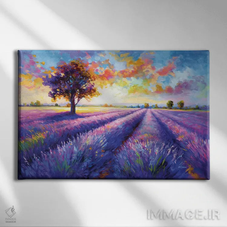 تابلو چشمانداز مزرعه اسطوخودوس رنگارنگ اثر لئون دوونیس - نمای روبهرو روی دیوار