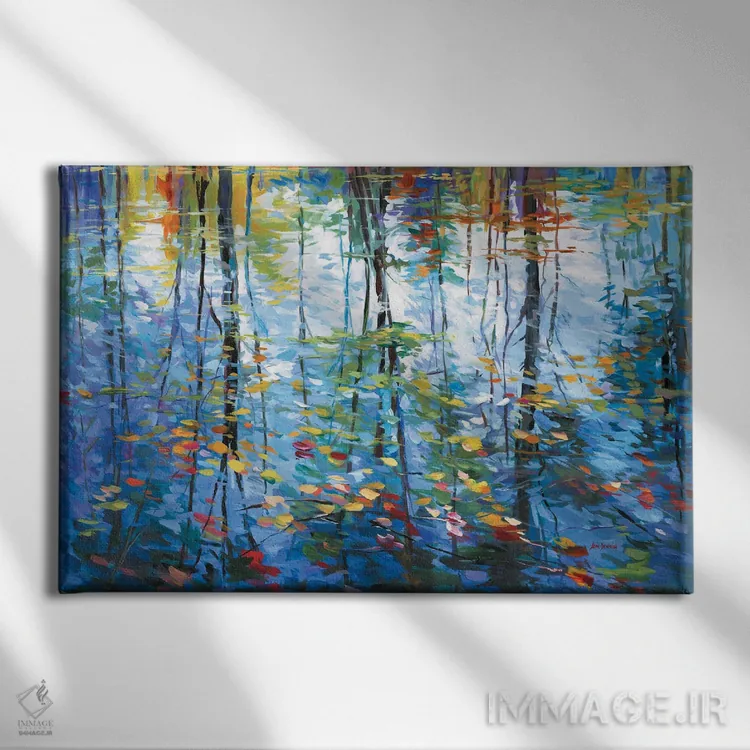 تابلو بازتاب امپرسیونیستی درختان و برگهای پاییزی بر آب اثر لئون دوونیس - نمای روبهرو روی دیوار