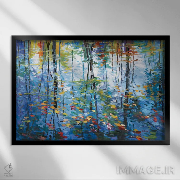 تابلو بازتاب امپرسیونیستی درختان و برگهای پاییزی بر آب اثر لئون دوونیس - نمای قابدار مشکی