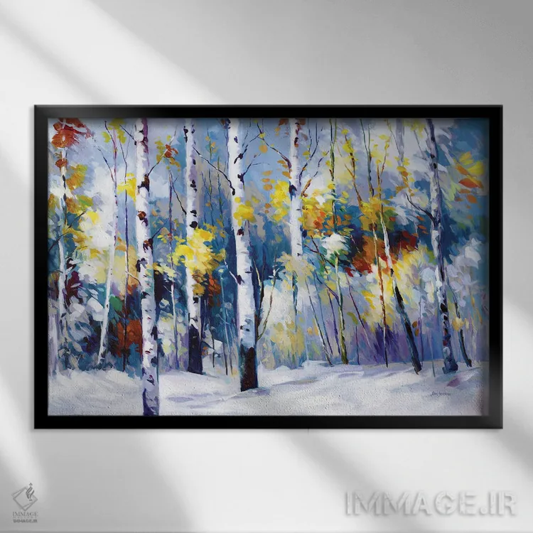 تابلو درختان غان پاییزی در جنگل برفی اثر لئون دوونیس - نمای قابدار مشکی