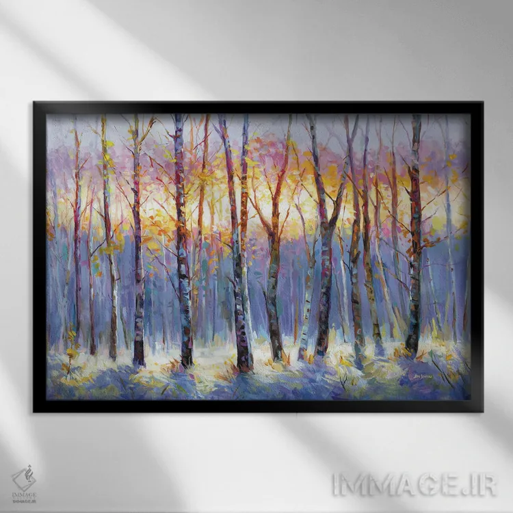 تابلو طلوع آفتاب بر فراز جنگل غان اثر لئون دوونیس - نمای قابدار مشکی