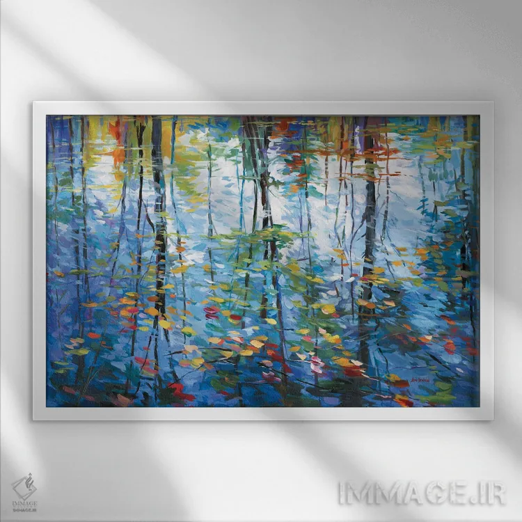 تابلو بازتاب امپرسیونیستی درختان و برگهای پاییزی بر آب اثر لئون دوونیس - نمای قابدار سفید