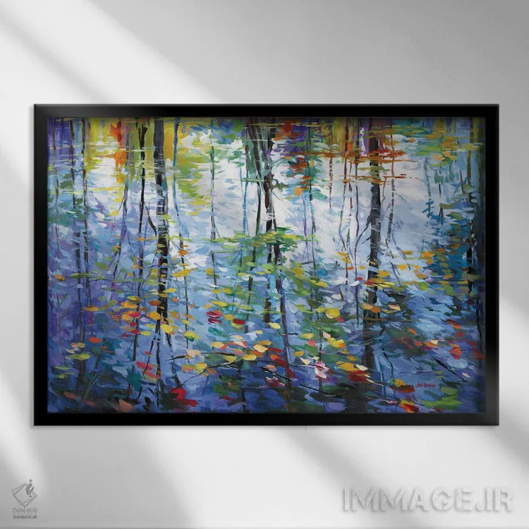 تابلو بازتاب رنگارنگ درختان پاییزی اثر لئون دوونیس - نمای قابدار مشکی