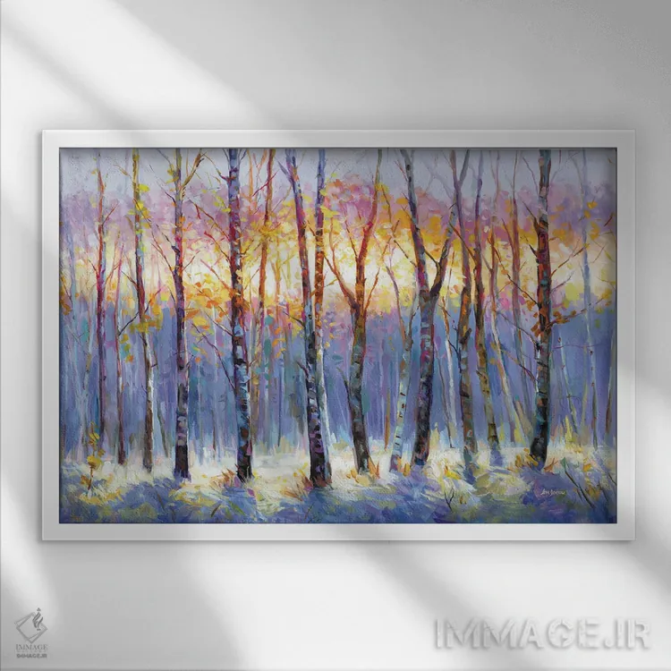 تابلو طلوع آفتاب بر فراز جنگل غان اثر لئون دوونیس - نمای قابدار سفید