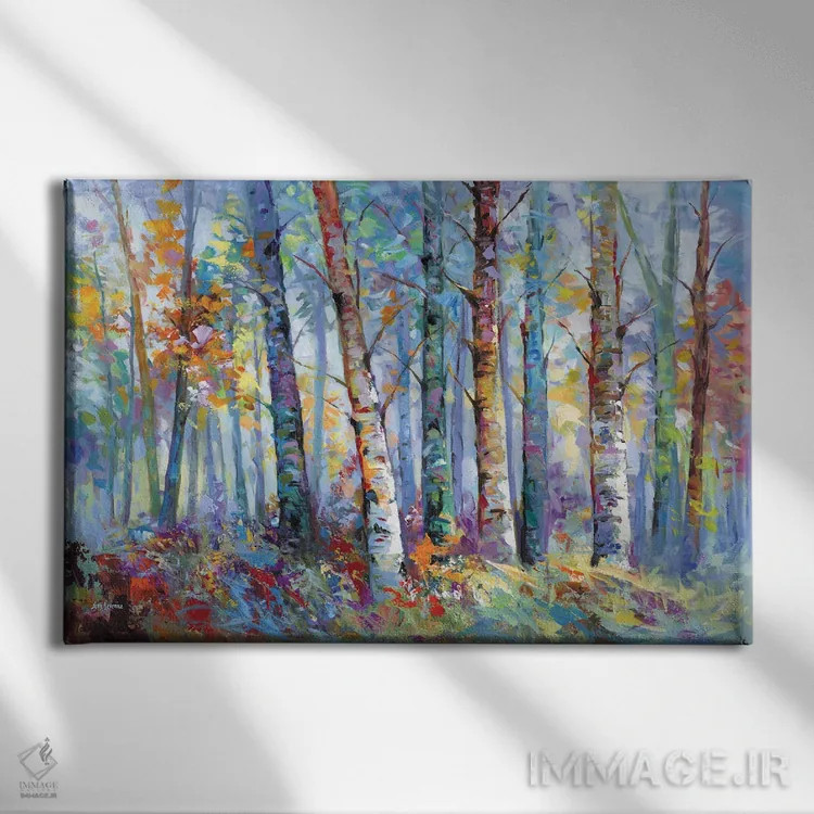 تابلو جنگل با درختان غان و رنگهای پاییزی اثر لئون دوونیس - نمای روبهرو روی دیوار