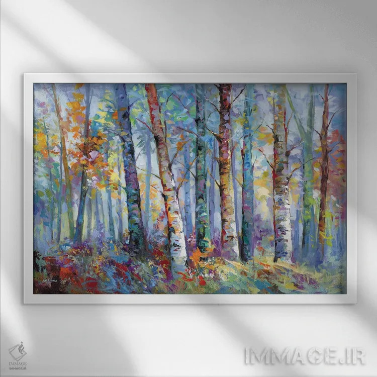 تابلو جنگل با درختان غان و رنگهای پاییزی اثر لئون دوونیس - نمای قابدار سفید