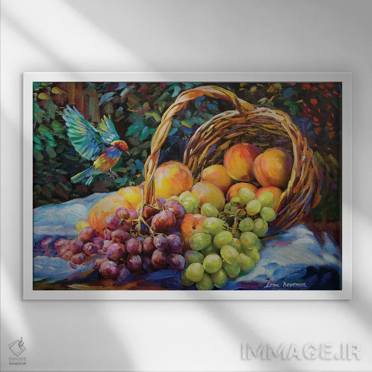 تابلو هلو و انگور اثر لئون دوونیس - نمای قابدار سفید