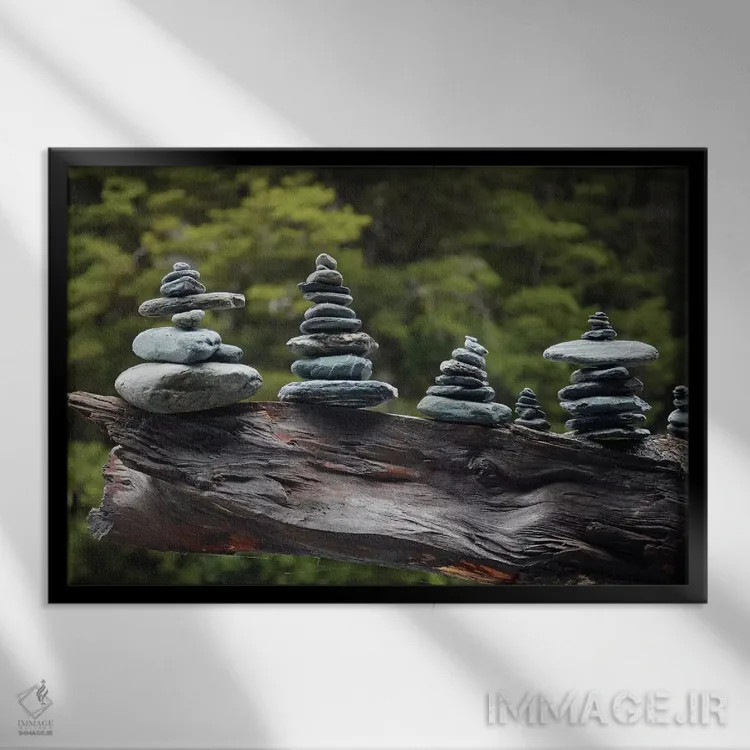 تابلو ستونهای سنگی ساخته شده توسط گردشگران کنار آبشار فنتیل، هاست پس، پارک ملی کوه اسپایرینگ، نیوزیلند اثر دیوید وال - نمای قابدار مشکی