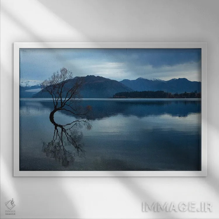 تابلو ابرها و "آن درخت واناکا" در انعکاس آب دریاچه واناکا، اوتاگو، جزیره جنوبی، نیوزیلند اثر دیوید وال - نمای قابدار سفید