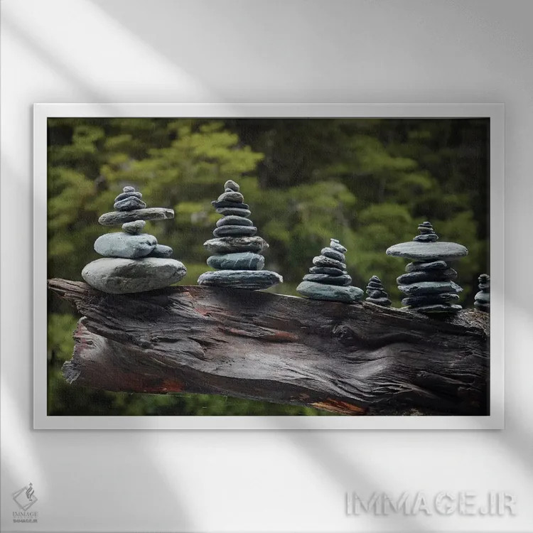 تابلو ستونهای سنگی ساخته شده توسط گردشگران کنار آبشار فنتیل، هاست پس، پارک ملی کوه اسپایرینگ، نیوزیلند اثر دیوید وال - نمای قابدار سفید