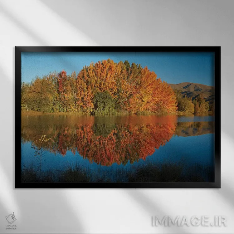 تابلو انعکاس پاییزی در برکه کلندز، منطقه ساوت کنتربری، جزیره جنوبی، نیوزیلند II اثر دیوید وال - نمای قابدار مشکی