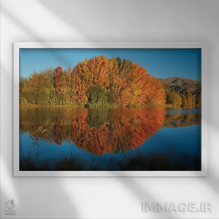 تابلو انعکاس پاییزی در برکه کلندز، منطقه ساوت کنتربری، جزیره جنوبی، نیوزیلند II اثر دیوید وال - نمای قابدار سفید