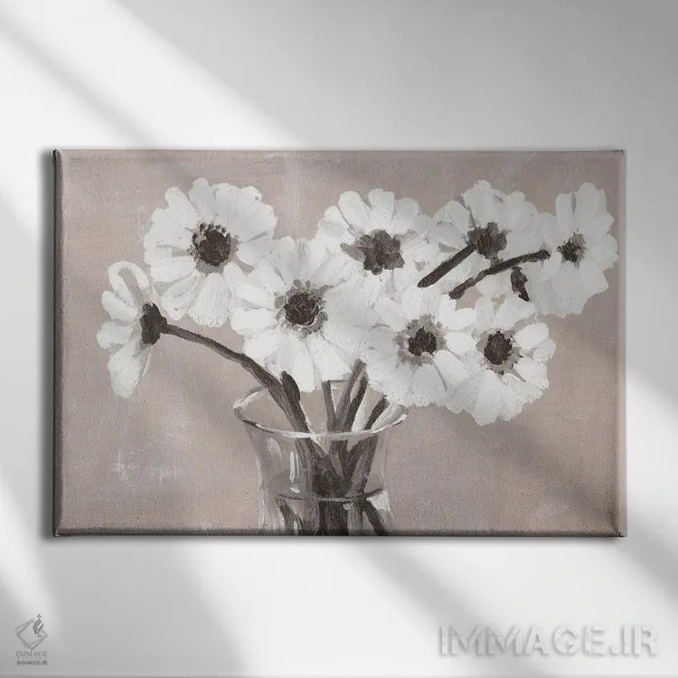 تابلو طرح گلدار به رنگ خاکستری-بژ اثر داگوود پورتفولیو (استودیو) - نمای روبهرو روی دیوار