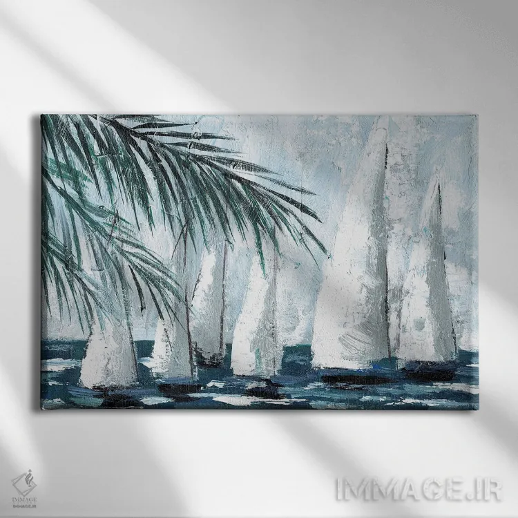 تابلو قایقهای بادبانی پشت درختان نخل اثر داگوود پورتفولیو (استودیو) - نمای روبهرو روی دیوار