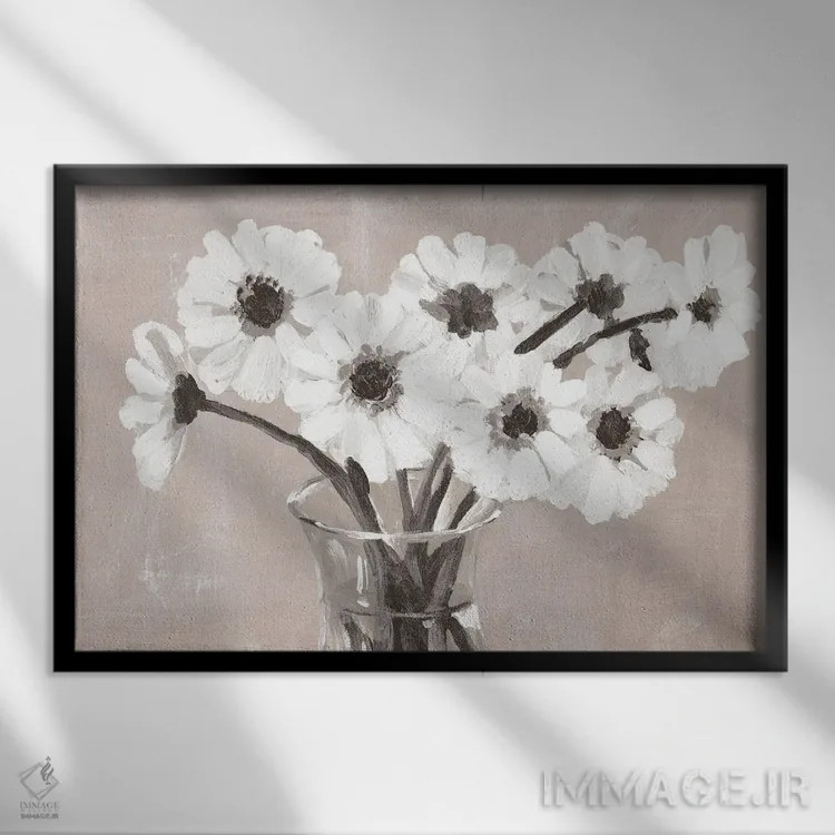 تابلو طرح گلدار به رنگ خاکستری-بژ اثر داگوود پورتفولیو (استودیو) - نمای قابدار مشکی