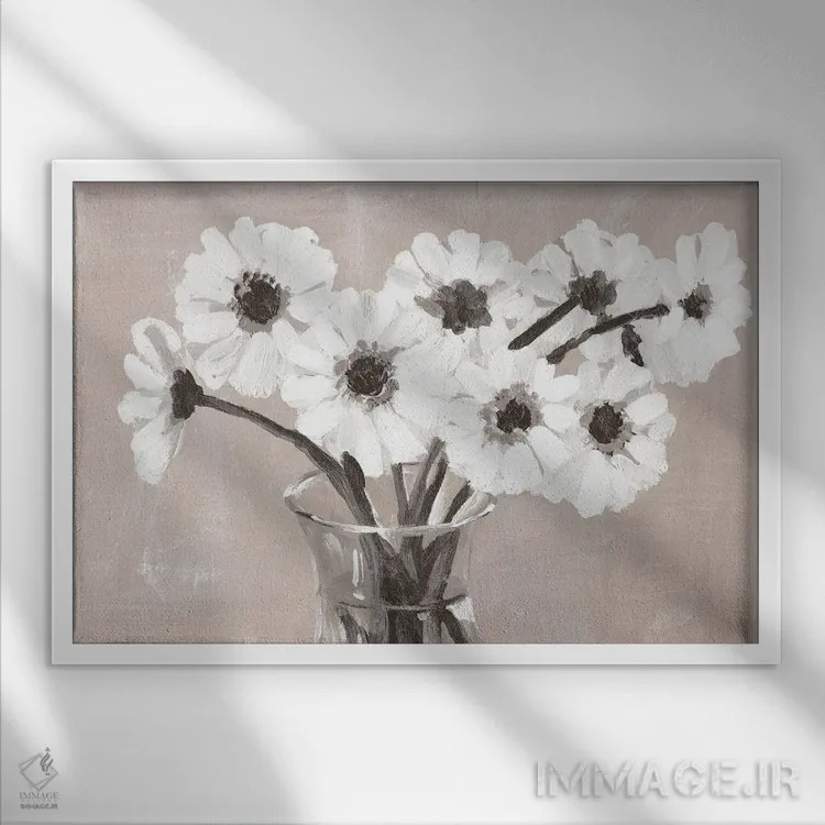 تابلو طرح گلدار به رنگ خاکستری-بژ اثر داگوود پورتفولیو (استودیو) - نمای قابدار سفید