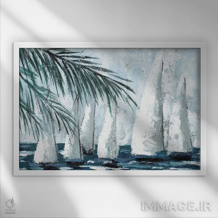 تابلو قایقهای بادبانی پشت درختان نخل اثر داگوود پورتفولیو (استودیو) - نمای قابدار سفید