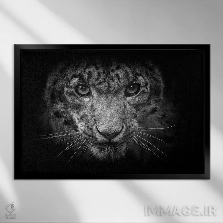 تابلو پلنگ برفی در سیاه و سفید اثر دیوید وولَن - نمای قابدار مشکی