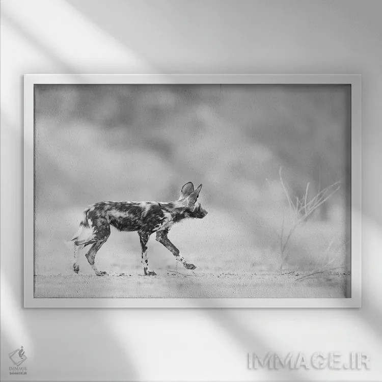 تابلو توله سگ نقاشی شده (سگ وحشی آفریقایی) اثر دیوید وولَن - نمای قابدار سفید